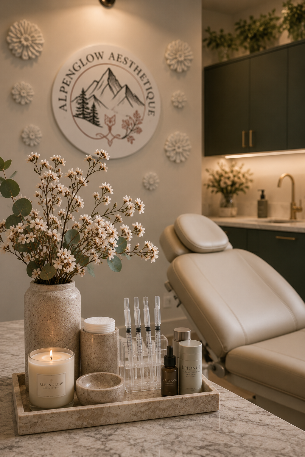 Alpenglow Aesthetique reception area with the studio's mountain logo on the wall
